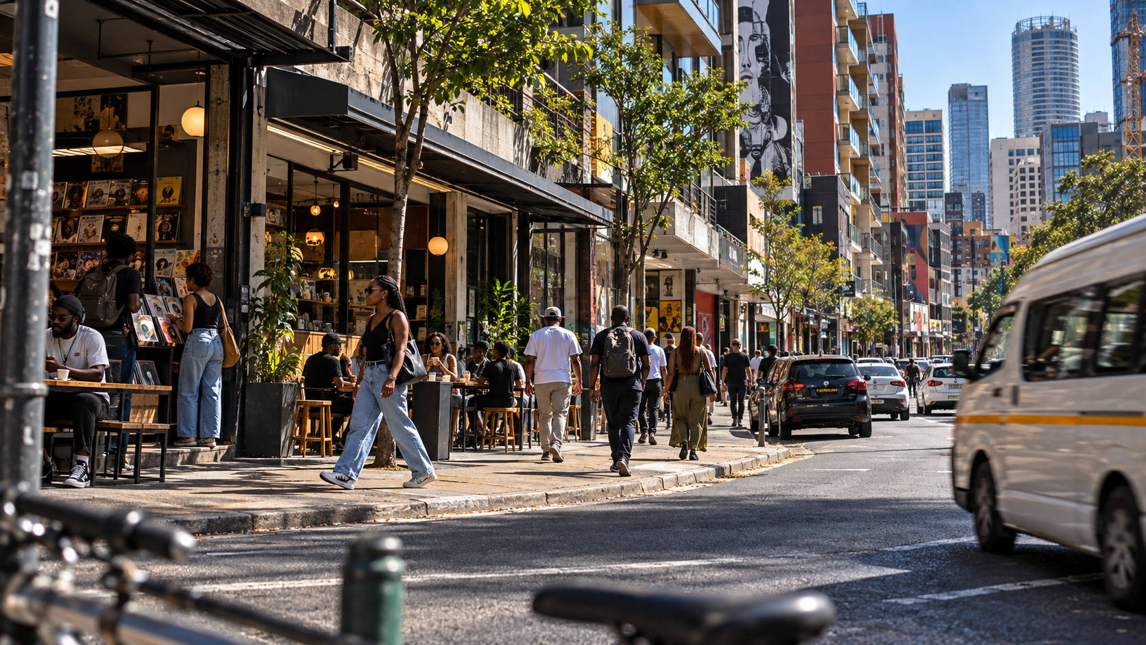 Cafés, shopfronts and pedestrians along Braamfontein high street