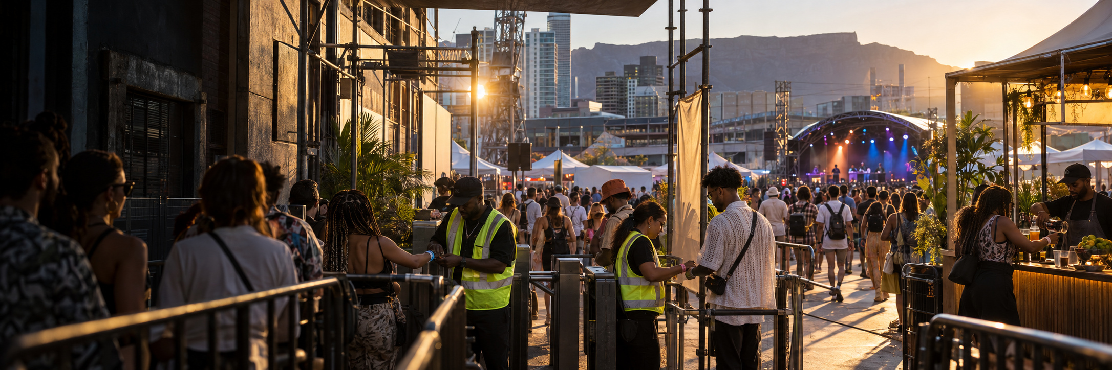 Operators checking access at a festival entrance, with the event visible beyond