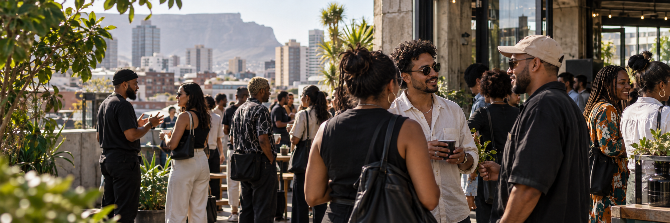 Small groups talking in an open-air urban courtyard