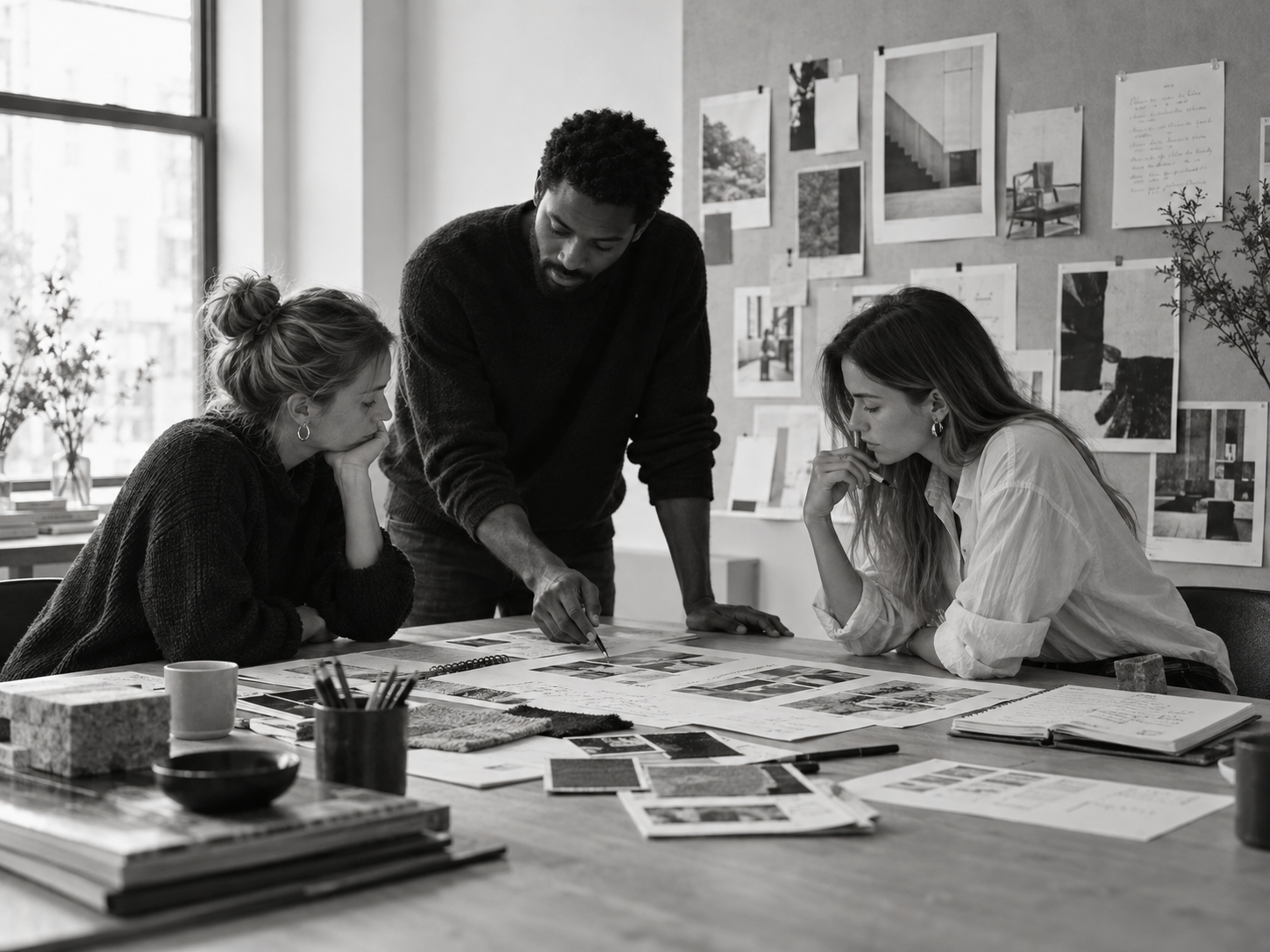 Black-and-white illustrative scene of three collaborators reviewing visual material around a studio table